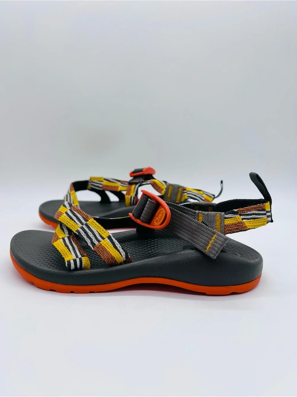 Chaco Kids Z1 Ecotread Sandals in Black, Orange, Yellow Checkerboard Size 3